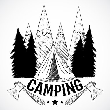 Kamp. Dağ, orman, çadır ve eksen VINTAGE poster. İzole öğeleri. Siyah ve beyaz el vektör çizim çekilmiş
