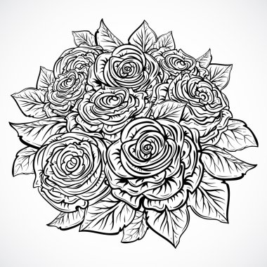 Gül buketi. Vintage siyah beyaz el vektör çizim çekilmiş. İzole öğeleri. Anneler günü, düğün davetiyesi, Tarih, Kaydet doğum günü