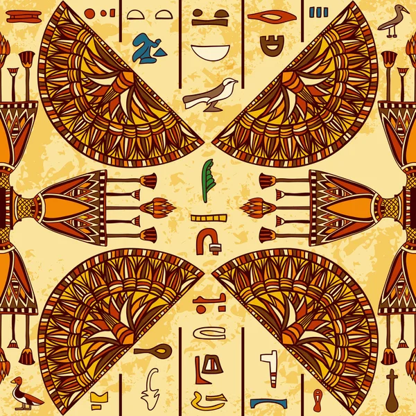 Egitto ornamento colorato con antichi geroglifici egizi su sfondo di carta invecchiata,. Schema senza soluzione di continuità vettoriale. Illustrazione disegnata a mano — Vettoriale Stock