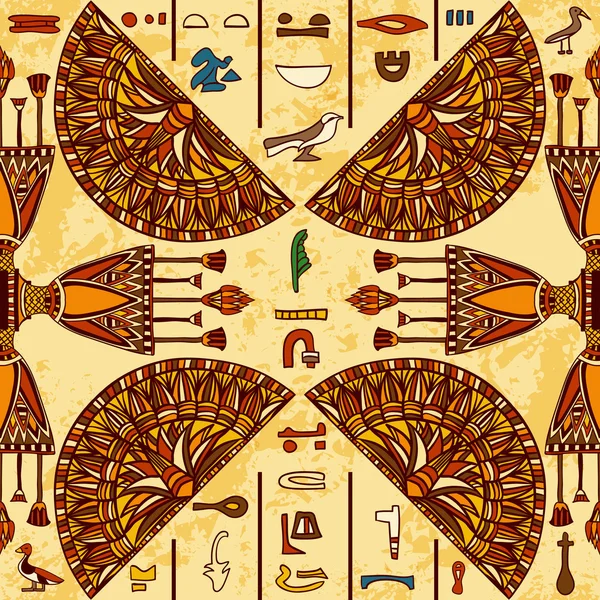 Adorno colorido de Egipto con jeroglíficos egipcios antiguos sobre fondo de papel envejecido,. Patrón sin costura vectorial. ilustración dibujada a mano — Archivo Imágenes Vectoriales