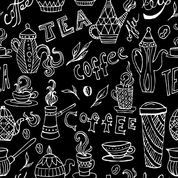 Kahve ve çay. Vintage elle çizilmiş doodle kara tahta üzerinde seamless modeli. Vektör çizim — Stok Vektör