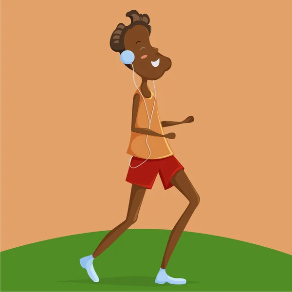 L'homme africain fait courir et écouter de la musique dans le lecteur et les écouteurs. Illustration vectorielle de bande dessinée — Image vectorielle