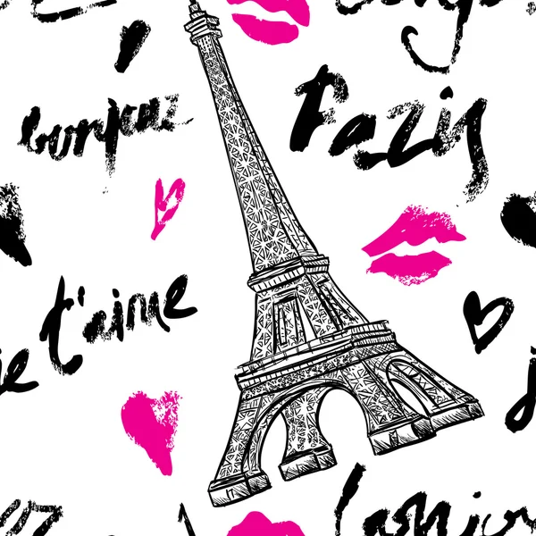 París. Patrón vintage sin costuras con Torre Eiffel y letras dibujadas a mano. Ilustración vectorial dibujada a mano retro . — Vector de stock