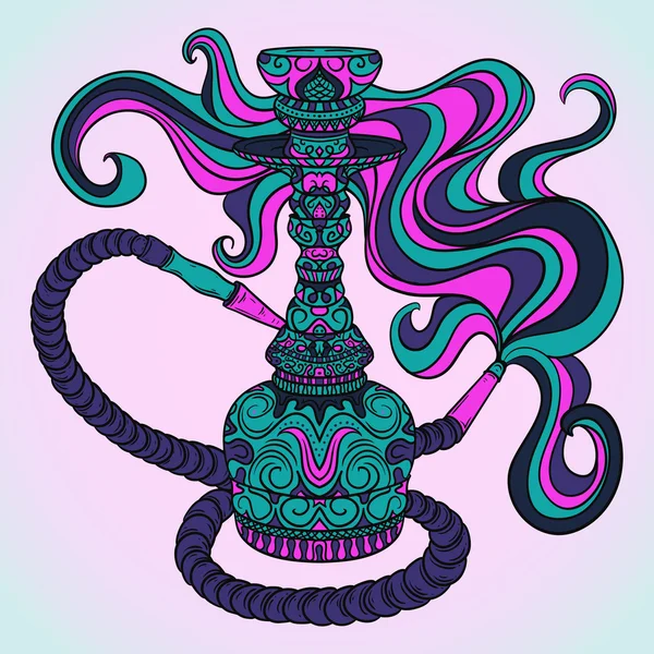 Hookah con ornamento oriental y smoke.Vintage colorido vector ilustración dibujada a mano — Archivo Imágenes Vectoriales