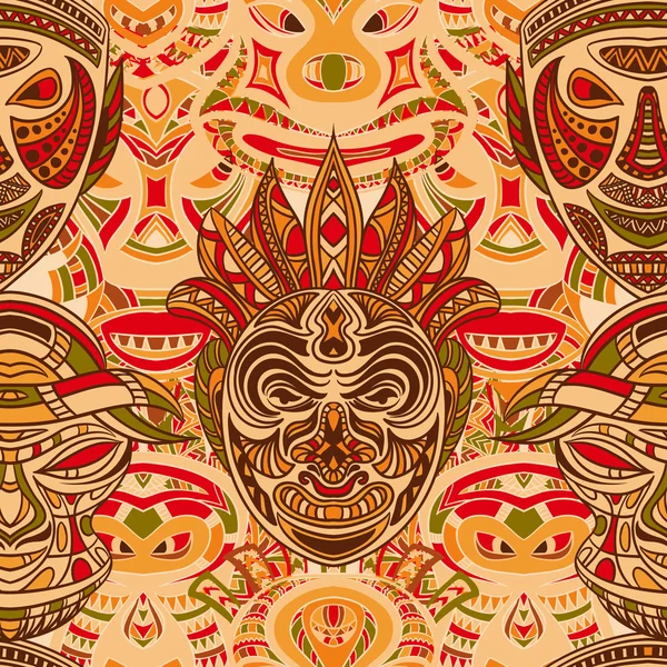 Seamless pattern with collection of Tribal mask. Retro colorful highly detailed hand drawn vector illustration — Stock Vector