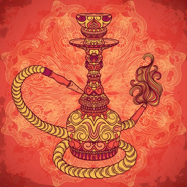 Hookah com ornamento oriental e fumaça sobre mandala ornamentado redondo modelo.Vintage colorido vetor mão desenhada ilustração — Vetor de Stock