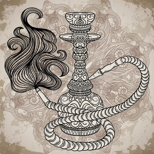 Hookah com ornamento oriental e fumaça sobre mandala ornamentado em fundo de papel envelhecido.Vintage vetor mão ilustração desenhada — Vetor de Stock