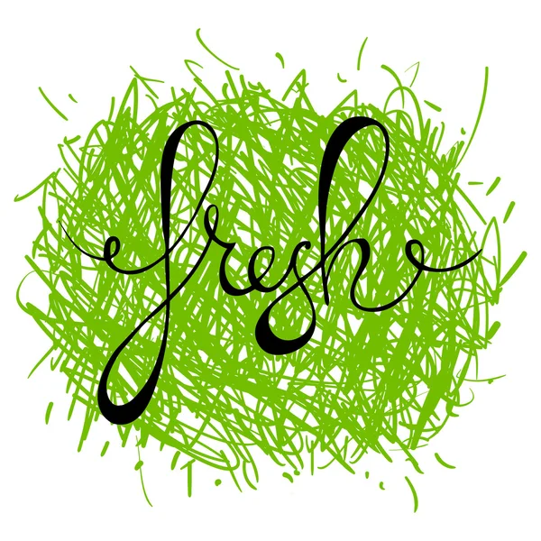 Lettere disegnate a mano "fresche" su sfondo scarabocchio verde.Etichetta, adesivo, banner, stampa, badge, card. Progettazione ecologia verde.Illustrazione vettoriale — Vettoriale Stock