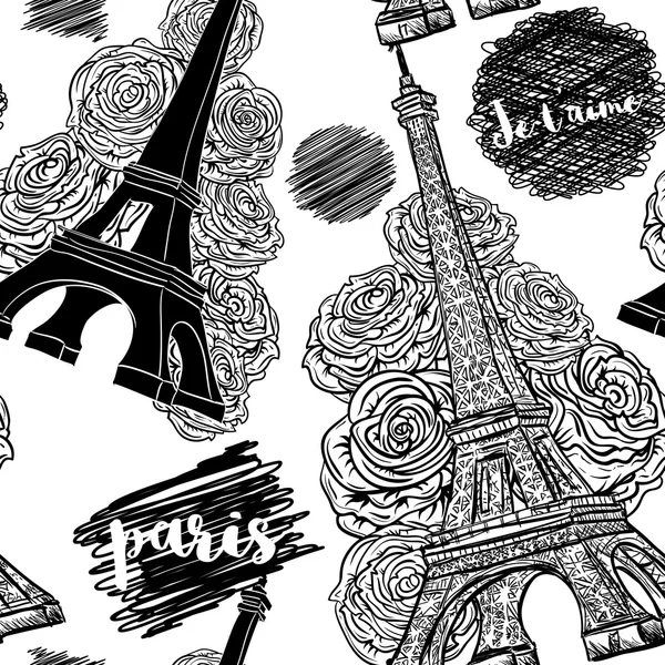 Paris. Motif vintage sans couture avec Tour Eiffel, roses et gribouillis à l'encre. Illustration vectorielle rétro noir et blanc dessinée à la main . — Image vectorielle