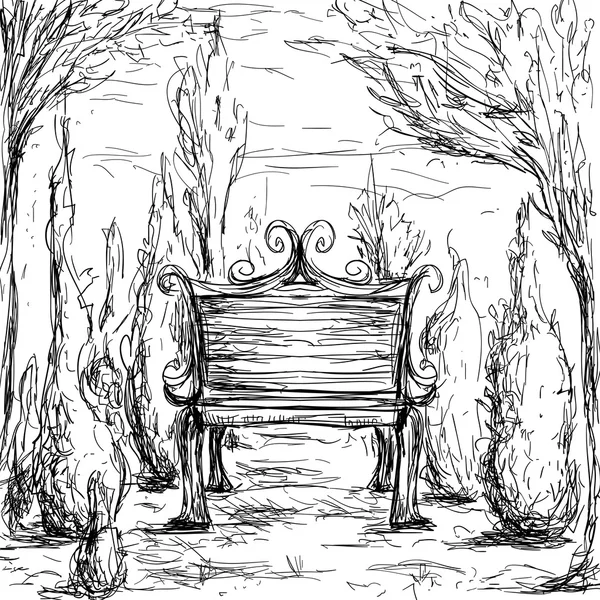 Banco del parque, árboles y arbustos. Ilustración dibujada a mano vintage en estilo de boceto — Vector de stock