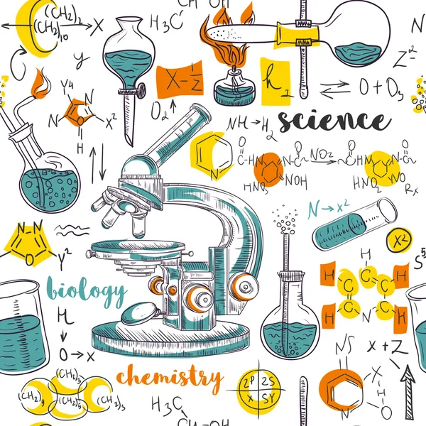 Vintage seamless pattern old chemistry laboratory with microscope, tubes and formulas. Vector retro hand drawn illustration in sketch style — Stock Vector