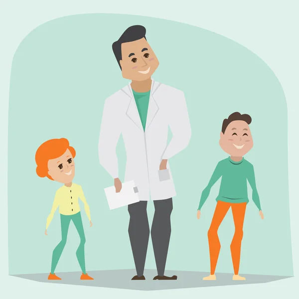 Doctor y niños. Concepto de salud familiar. Dibujos animados vector ilustración — Archivo Imágenes Vectoriales