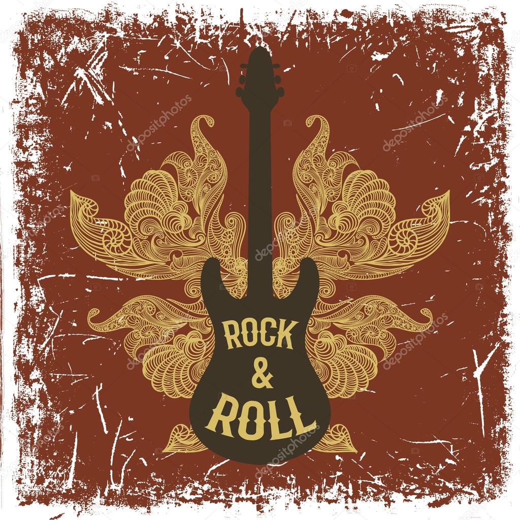 Vintage hand drawn poster with electric guitar, ornate wings and text rock and roll on grunge background. Retro vector illustration. Design, retro card, print, t-shirt, postcard