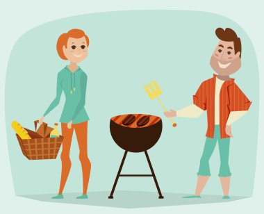 Piknik yapmayı kaç. Barbekü partisi konsepti. Çizgi film vektör çizim