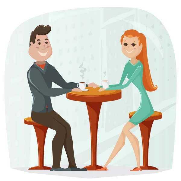 Casal amoroso num café. Ilustração de desenho animado vetorial em estilo retro — Vetor de Stock