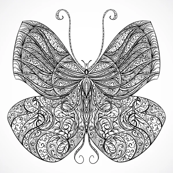 Vintage butterfly s květinovými abstraktní ornamenty. Černá a bílá vektor ručně kreslenou ilustrace — Stockový vektor