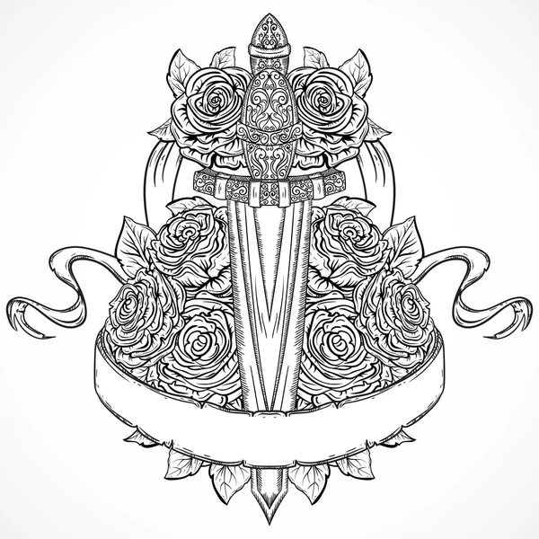 Средневековый меч, розы, листья и ленточный плакат. Винтажная цветочная очень подробная ручная иллюстрация. Изолированные элементы. Викторианский мотив. Татуировка — стоковый вектор