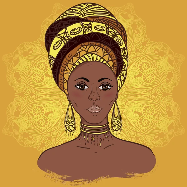 Hermosa mujer africana en turbante sobre adornado patrón redondo mandala. Ilustración vectorial dibujada a mano. Diseño, tarjeta, impresión, póster, postal — Archivo Imágenes Vectoriales