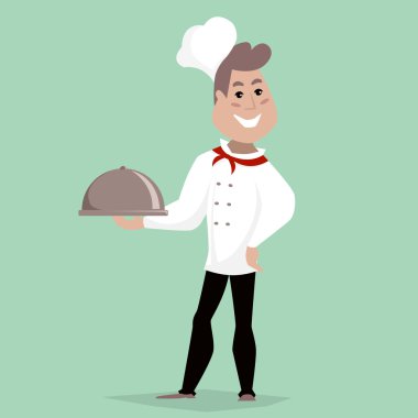 Şef yemek ile. Çizgi film karakteri. Retro tarzı resimde vektör