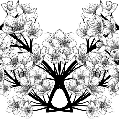 Kiraz ağacı çiçeği ile Seamless modeli. Vintage elle çizilmiş vektör çizim kroki tarzı.