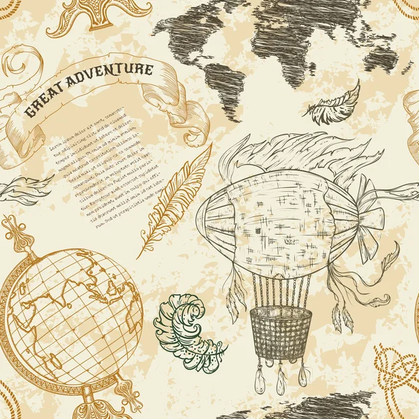 Modèle sans couture avec globe vintage, carte du monde abstraite, dirigeable, nœuds de corde, ruban. Illustration vectorielle dessinée à la main rétro "Grande aventure" en style croquis avec fond grunge vieux papier — Image vectorielle