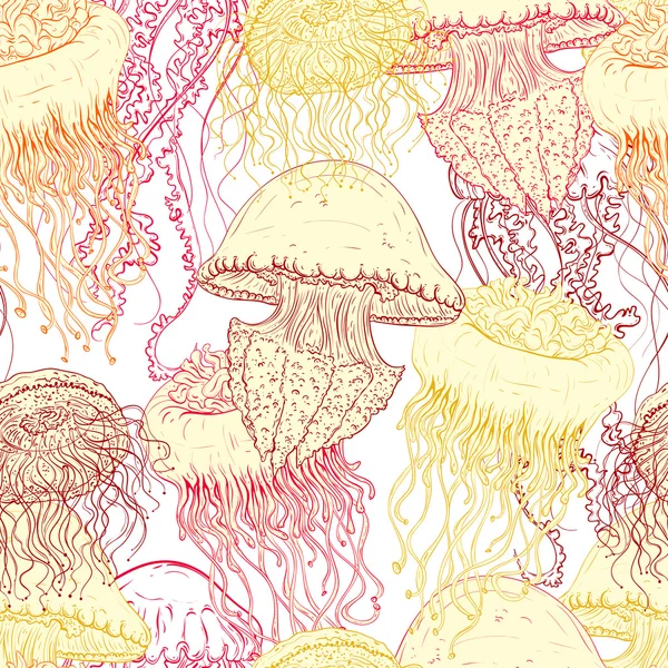 Fantasia vintage senza cuciture con collezione di meduse. Illustrazione vettoriale disegnata a mano della fauna marina in linea stile artistico.Design per la spiaggia estiva, decorazioni . — Vettoriale Stock