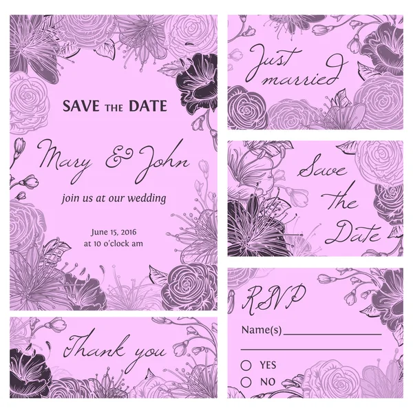 Save the date card collection with flowers. Wedding invitation, thank you card, save the date cards, RSVP card. Vintage hand drawn vector illustration. Isolated elements — Stock Vector