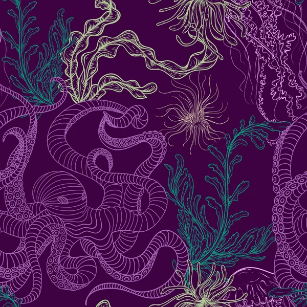 Naadloze patroon met octopus, kwallen, mariene planten en zeewier. Vintage hand getrokken vector illustratie zeeleven. Ontwerp voor zomer-strand, decoraties, afdrukken, patroonvulling, web oppervlak — Stockvector