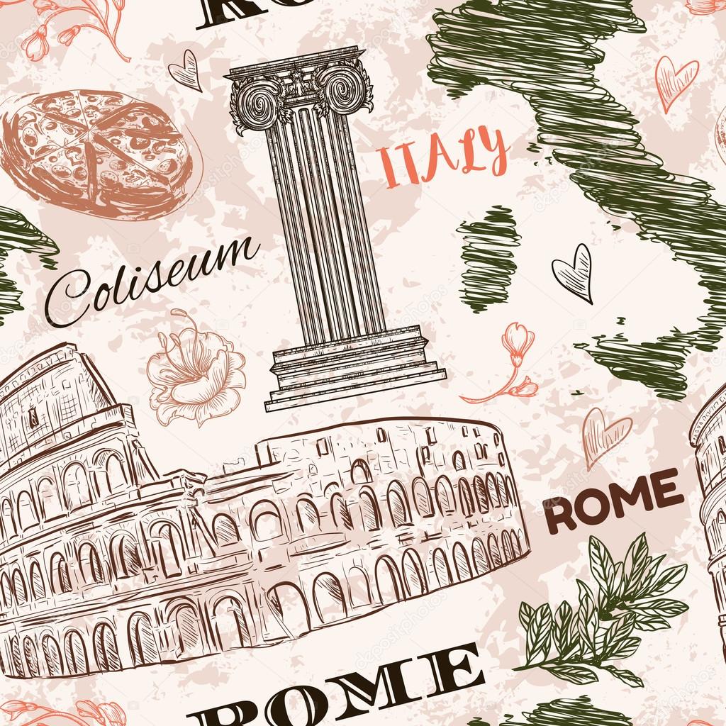 Rome. Vintage seamless pattern with Coliseum, Italy map, classic style column and flowers on grunge background. Retro hand drawn vector illustration.