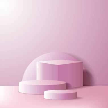 boş podyum sahnesi veya ürün sergisi. Pembe renkli ve yumuşak ışıklandırmalı geometrik 3D kutu ve silindir.