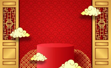 Çin 'in yeni yılı için kırmızı renk ve bulut süslemeli 3d silindir podyum ürün görüntüsü
