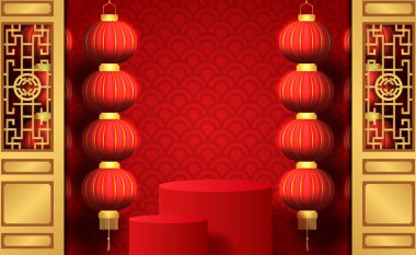Mutlu Çin Yeni Yılı 3D geleneksel fenerle kırmızı arka planda podyum sahne ürünü pazarlama için sergileniyor.