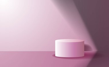 Pembe renkli, güzel ışıklı ve gölgeli promosyon afişi için basit bir zarif silindir podyum sahne ürünü sergisi