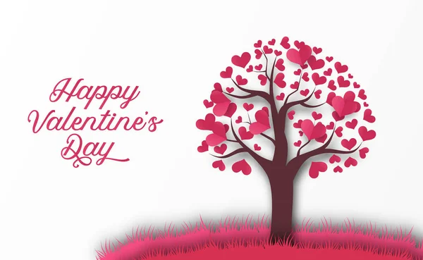 Valentine Day Greeting Card Tree Love Leaves Heart Paper Cut — Stock Vector