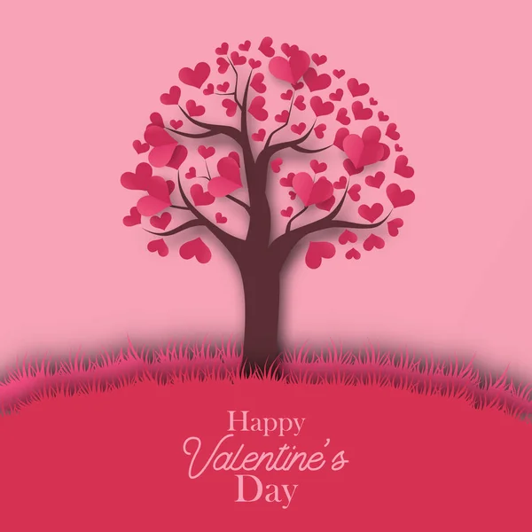 Tree Love Heart Silhouette Paper Cut Style Valentine Day Greeting — Stock Vector
