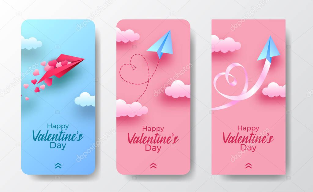 Social media stories banner for valentine's day with paper plane travel paper cut style illustration