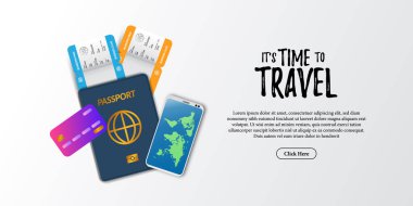 seyahat tatil belgesi illüstrasyonu. Uçuş kartı bileti, pasaport, telefon ve kredi kartı görüntüsü. Tatil turisti reklam afişi şablonu