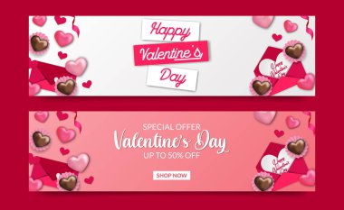 Sevgililer günü satışı, içinde tatlı kek aşk mektubu ve zarf illüstrasyonları olan pankart şablonu sunar.