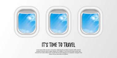 Turist bayramı reklamları için mavi gökyüzü manzaralı kamara penceresi. Dünyayı dolaşma zamanı geldi. poster paneli şablonu