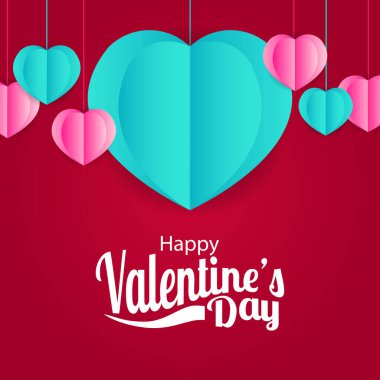 Sevgililer Günü afiş şablonu için kırmızı arkaplan ile asılmış toska ve pembe kalp şeklinde kağıt kesim tarzı