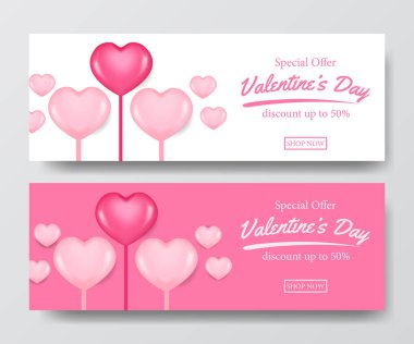 Sevgililer Günü indirimi için pembe ve beyaz arkaplanlı kalp şekli çizimi bayrak şablonu sunar