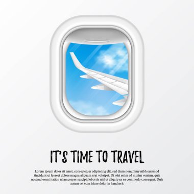 Poster şablonuyla seyahat etme zamanı. Kanatlı ve mavi gökyüzü manzaralı bir uçak penceresi çizimi. Turist tatil reklamları.