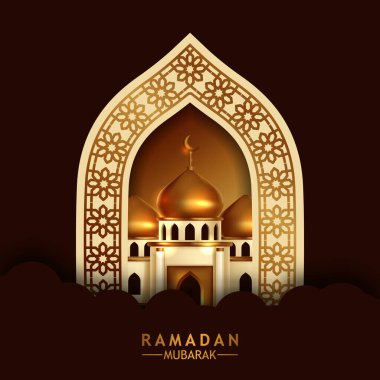 Altın Kubbe Cami Binası manzaralı zarif altın kapı süsü. İslami olay kutsal ay orucu ramazan kareem. poster paneli şablonu