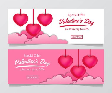 Sevgililer Günü indirimi için bulut pembesi ile 3D kalp şekli çizimi pembe ve beyaz arkaplanlı pankart