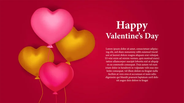 一组粉色 红色和金色的3D飞行氦气爱的心脏气球 红色背景的情人节招贴画卡片 — 图库矢量图片
