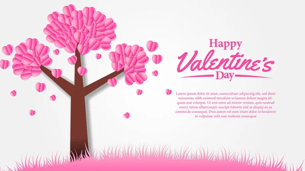 Sakura Tree Pink Flower Heart Shape Illustration Paper Cut Style — Stock Vector