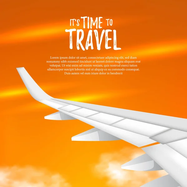 Poster şablonuyla seyahat etme zamanı. Kanat uçağının gün batımındaki altın gökyüzü görüntüsü. Turist tatili ve tatil reklamları