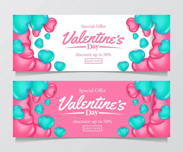 Valentine Sale Offer Banner Template Illustration Group Pink Tosca Heart — Stock Vector