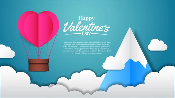 Hot Flying Helium Balloon Paper Cut Style Mountain Blue Background - Stok Vektor