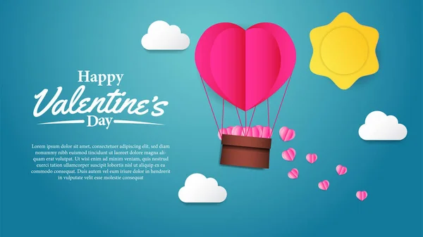 Hőlégballon Illusztráció Nap Felhő Papír Vágott Stílus Valentin Napi Üdvözlő — Stock Vector